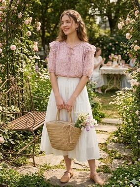 By The River Blush Pink Floral Chiffon Blouse M EUC Cottagecore Coquette Boho